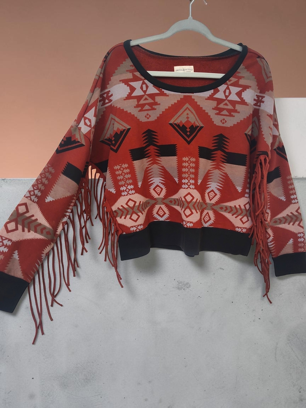 Denim & Supply Ralph Lauren Red Aztec Fringe Crewneck Sweater